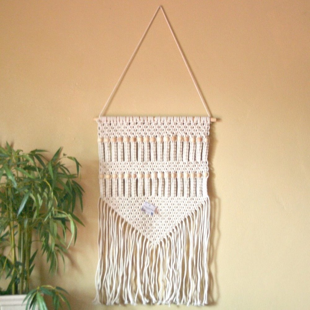 Macrame Wall Hanging Boho Ivory Wood Beads Art NWT